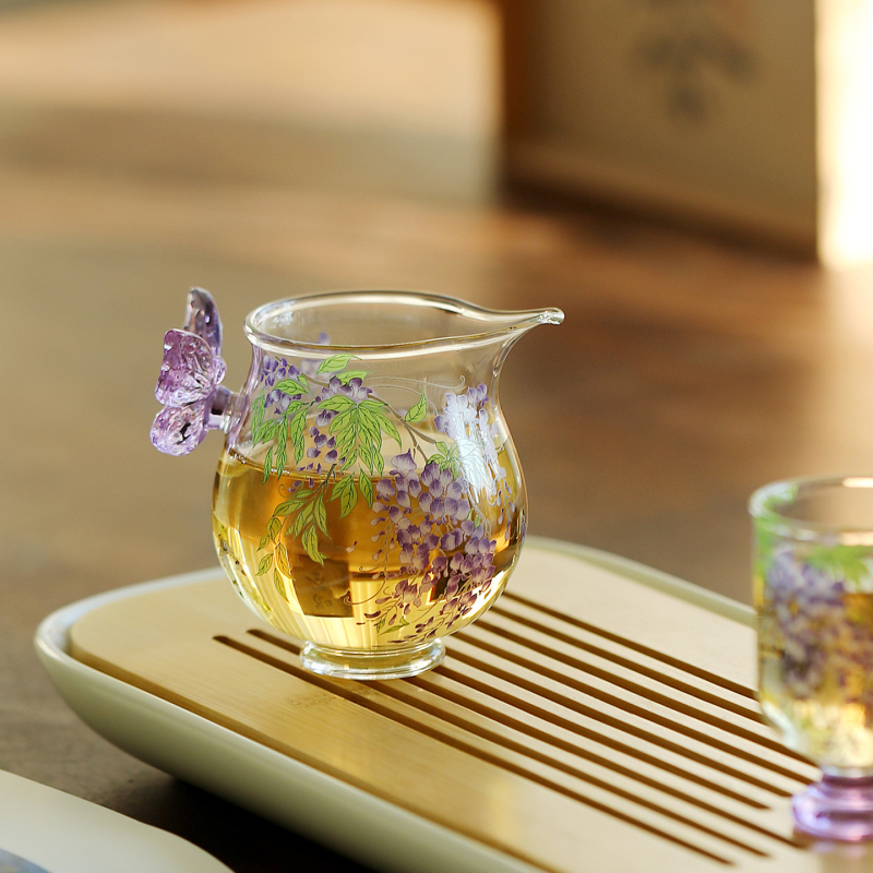 Set de ceai elegant cu mâner de fluture și motiv Wisteria, sticlă borosilicată rezistentă la temperatură, transparent
