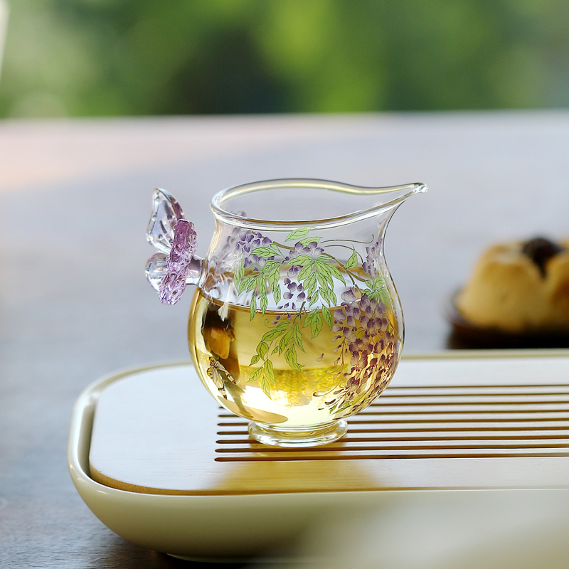 Set de ceai elegant cu mâner de fluture și motiv Wisteria, sticlă borosilicată rezistentă la temperatură, transparent