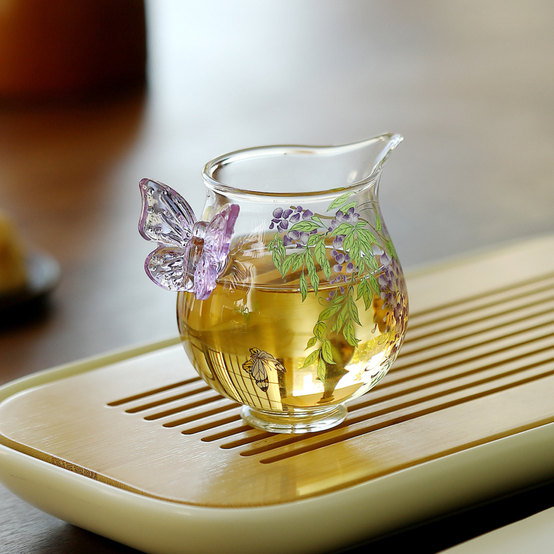 Set de ceai elegant cu mâner de fluture și motiv Wisteria, sticlă borosilicată rezistentă la temperatură, transparent