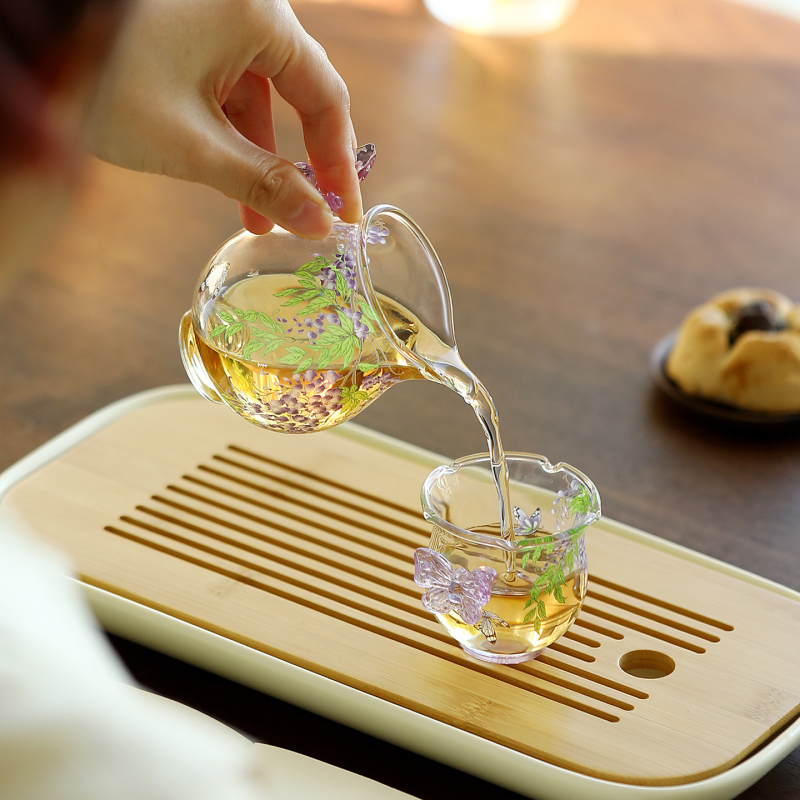 Set de ceai elegant cu mâner de fluture și motiv Wisteria, sticlă borosilicată rezistentă la temperatură, transparent