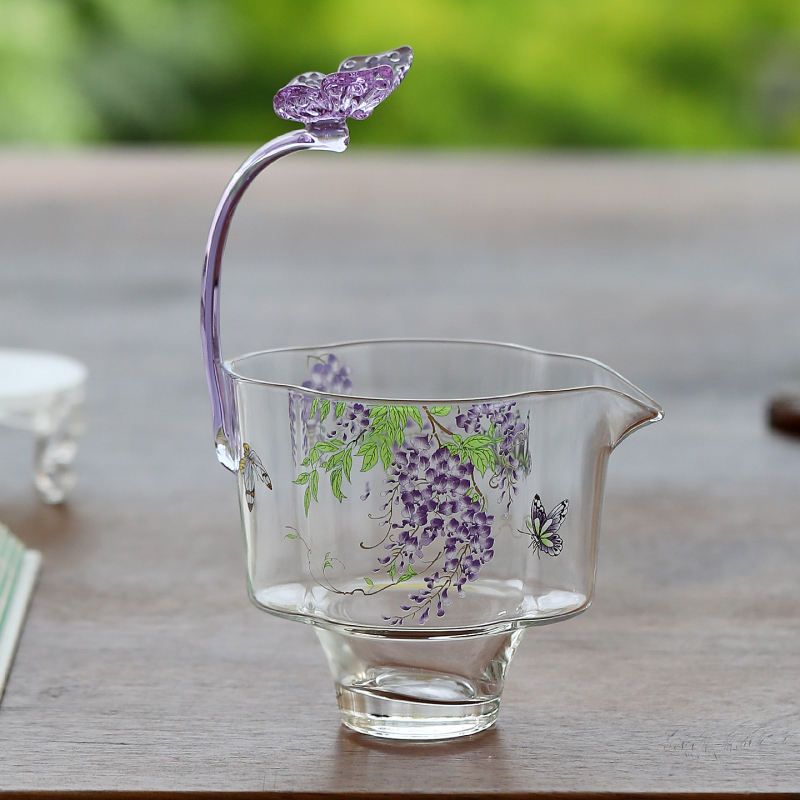 Set de ceai elegant cu mâner de fluture și motiv Wisteria, sticlă borosilicată rezistentă la temperatură, transparent