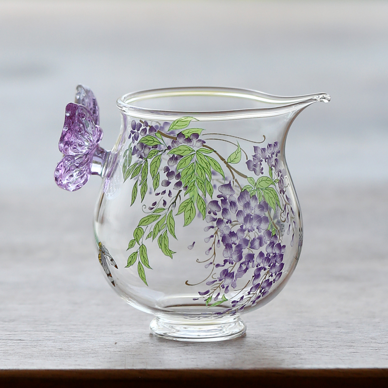 Set de ceai elegant cu mâner de fluture și motiv Wisteria, sticlă borosilicată rezistentă la temperatură, transparent
