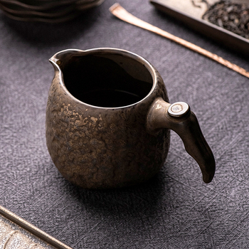 Set de ceai japonez, lucrat manual, ceramică vintage cu glazură de fier aurie, cu mâner, recipient pentru distribuția ceaiului și o cană potrivită