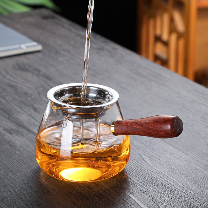 Set de ceai din sticlă borosilică cu mâner din lemn și filtru integrat — rezistent la căldură