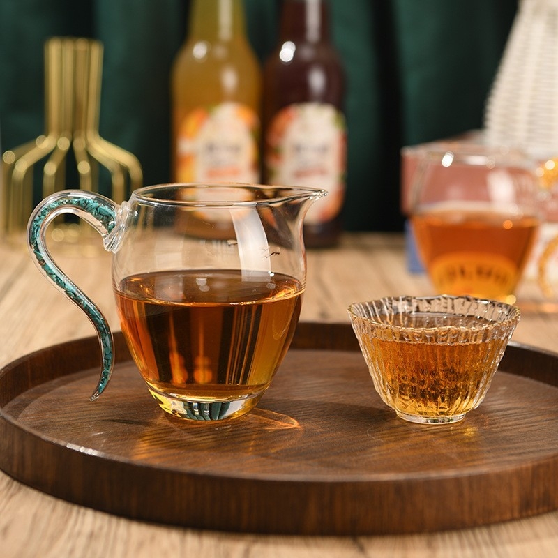 Sticlă borosilicat de înaltă rezistență pentru ceai Gongfu, set cu separare ceai-apă, mâner turcoaz