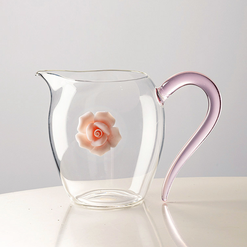 Ceașcă de ceai din sticlă borosilicată, design cu roză, divizor de ceai transparent, set Gongfu și accesorii pentru ceremonia ceaiului