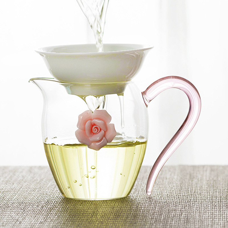 Ceașcă de ceai din sticlă borosilicată, design cu roză, divizor de ceai transparent, set Gongfu și accesorii pentru ceremonia ceaiului