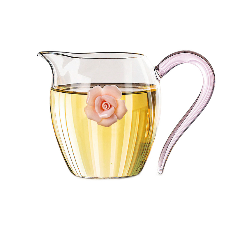 Ceașcă de ceai din sticlă borosilicată, design cu roză, divizor de ceai transparent, set Gongfu și accesorii pentru ceremonia ceaiului