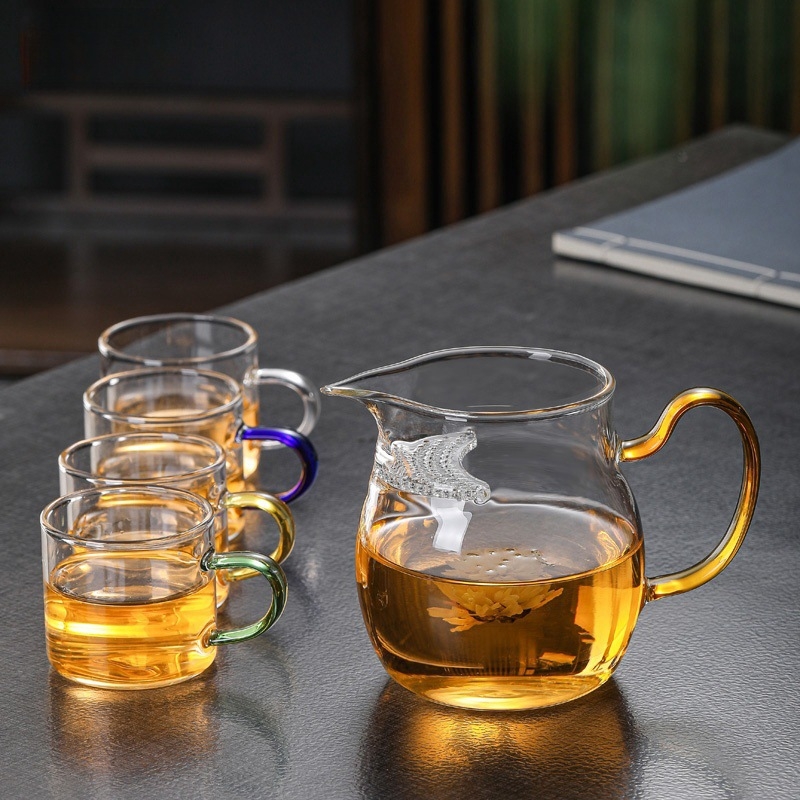 Set Gongfu de ceai cu filtru integrat în formă de semilună, ceașcă din sticlă pentru distribuție uniformă a ceaiului, cioc ascuțit, fără picurare