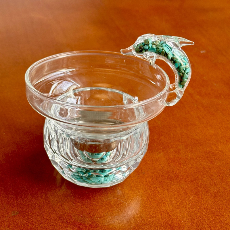 Ceainic din sticlă turcoaz cristal, delfin, sită de ceai și separator cu foi de aur, ornament pentru ceai, set de ceai, stil lux lejer