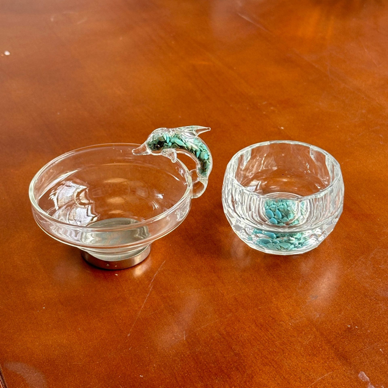 Ceainic din sticlă turcoaz cristal, delfin, sită de ceai și separator cu foi de aur, ornament pentru ceai, set de ceai, stil lux lejer
