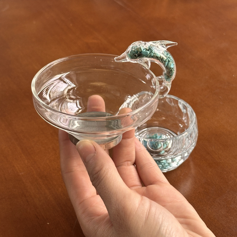 Ceainic din sticlă turcoaz cristal, delfin, sită de ceai și separator cu foi de aur, ornament pentru ceai, set de ceai, stil lux lejer