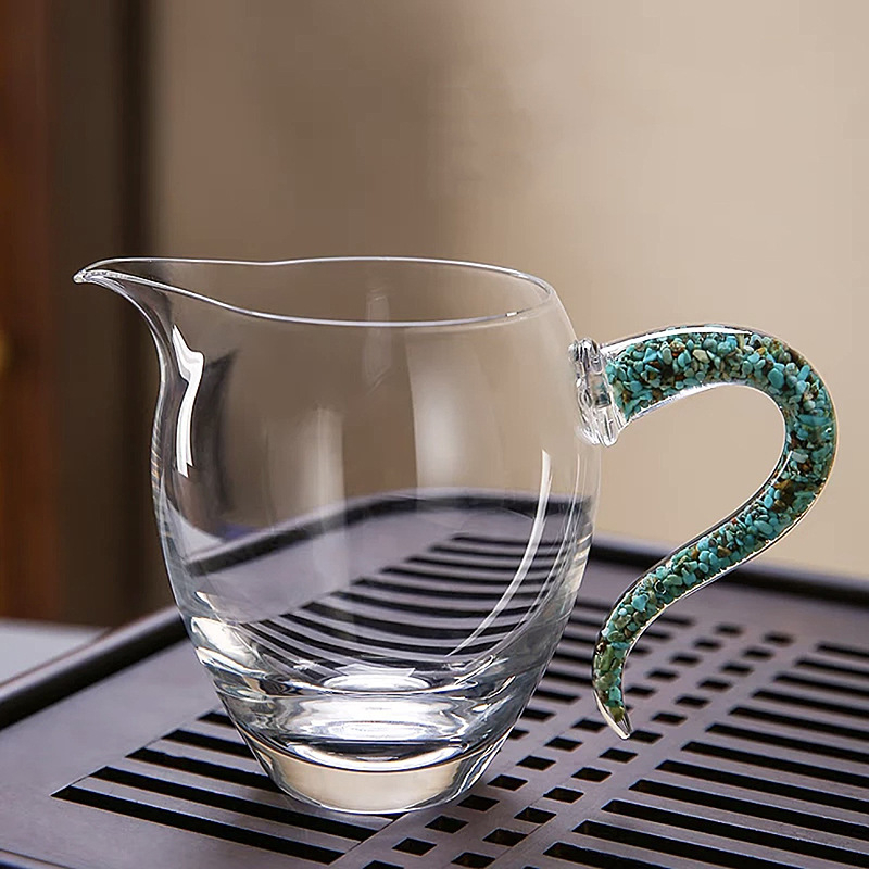 Set de ceai din sticlă cristal turcoaz cu mâner, set de ceai cu folie de aur, divizor de ceai îngroșat, ceașcă de împărțire a ceaiului, cadou de afaceri