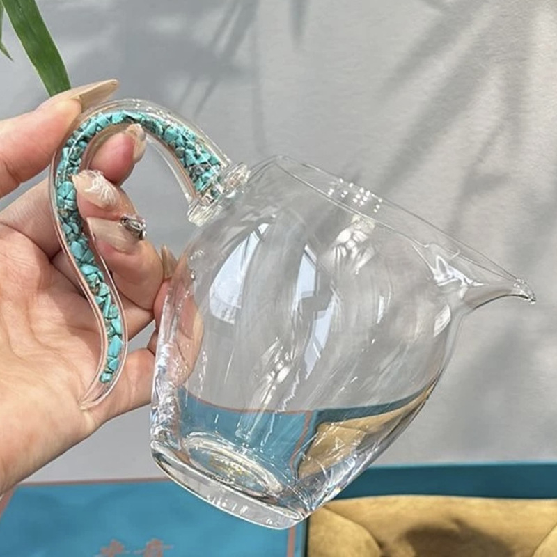 Set de ceai din sticlă cristal turcoaz cu mâner, set de ceai cu folie de aur, divizor de ceai îngroșat, ceașcă de împărțire a ceaiului, cadou de afaceri