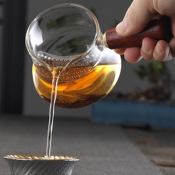 Ceșă Gongdao cu mâner lateral din lemn, sticlă borosilicat transparentă, divizor pentru ceai, filtru de ceai, set Kung Fu, ceașcă rezistentă la temperaturi înalte