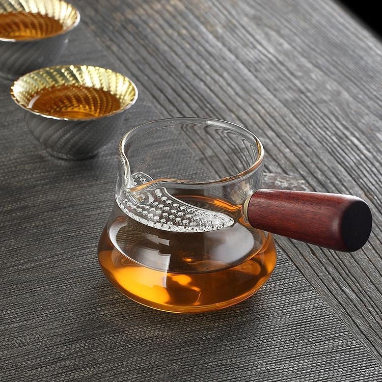 Ceșă Gongdao cu mâner lateral din lemn, sticlă borosilicat transparentă, divizor pentru ceai, filtru de ceai, set Kung Fu, ceașcă rezistentă la temperaturi înalte