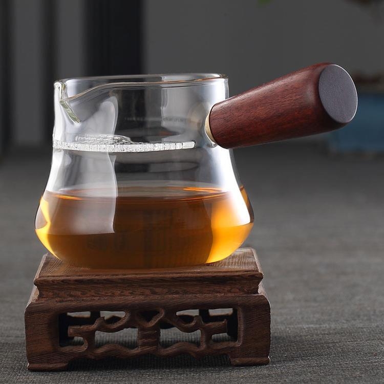Ceșă Gongdao cu mâner lateral din lemn, sticlă borosilicat transparentă, divizor pentru ceai, filtru de ceai, set Kung Fu, ceașcă rezistentă la temperaturi înalte