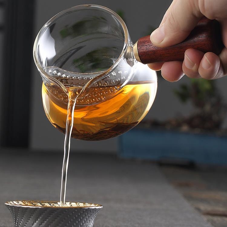 Ceșă Gongdao cu mâner lateral din lemn, sticlă borosilicat transparentă, divizor pentru ceai, filtru de ceai, set Kung Fu, ceașcă rezistentă la temperaturi înalte