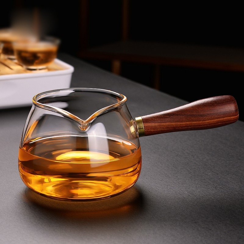 Ceșă Gongdao cu mâner lateral din lemn, sticlă borosilicat transparentă, divizor pentru ceai, filtru de ceai, set Kung Fu, ceașcă rezistentă la temperaturi înalte