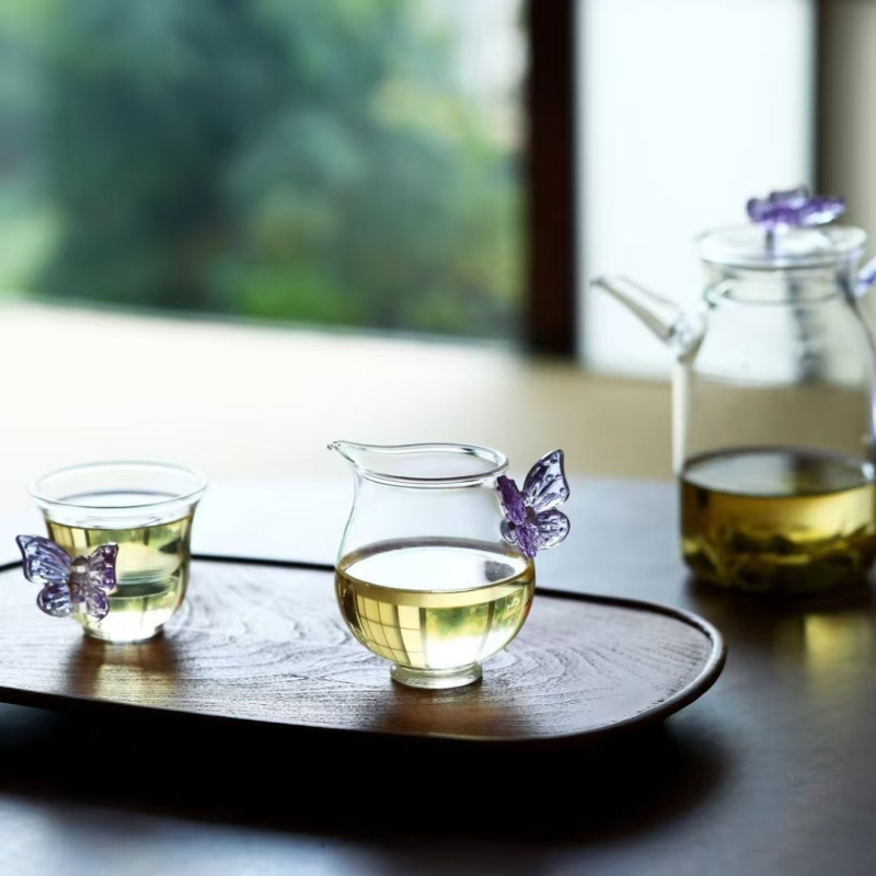 Set ceai cu mâner de fluture, tavă de ceai, separator de ceai și ceșcuță pentru turnare uniformă, sticlă borosilicată rezistentă la căldură, design simplu pentru uz casnic