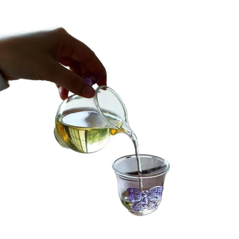 Set ceai cu mâner de fluture, tavă de ceai, separator de ceai și ceșcuță pentru turnare uniformă, sticlă borosilicată rezistentă la căldură, design simplu pentru uz casnic