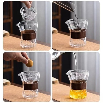 Ceșcuță de ceai din sticlă borosilicat rezistentă la căldură, cu filtru de ceai și inel din lemn izolant