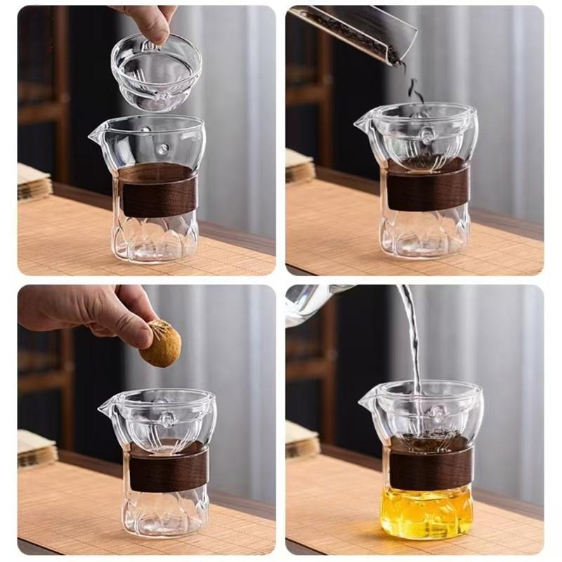 Ceșcuță de ceai din sticlă borosilicat rezistentă la căldură, cu filtru de ceai și inel din lemn izolant