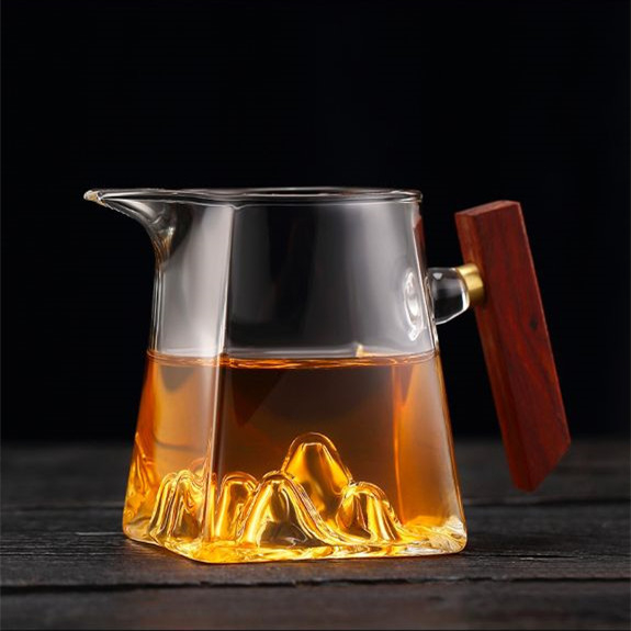 Pahar de ceai din sticlă borosilicat rezistentă la temperaturi înalte, cu mâner lateral din lemn, pătrat, pentru ceremonii de ceai
