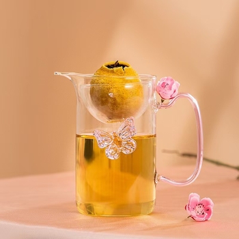 Infuzor de ceai din sticlă cu design de fluture, filtru integrat și cană pentru turnare echilibrată, pentru ceai de mandarină