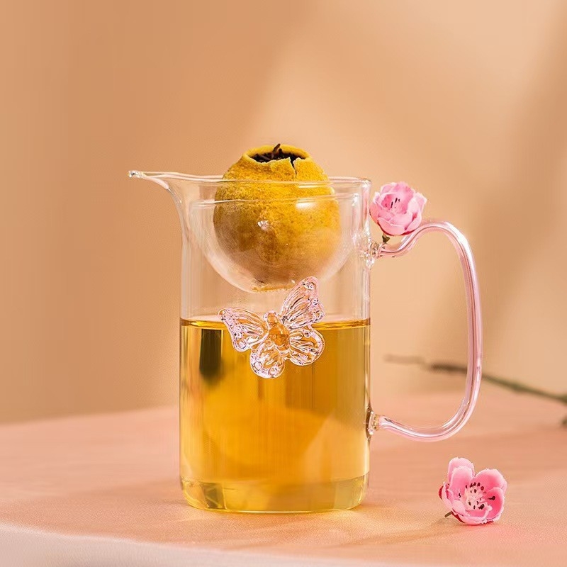 Infuzor de ceai din sticlă cu design de fluture, filtru integrat și cană pentru turnare echilibrată, pentru ceai de mandarină