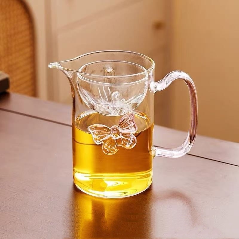 Infuzor de ceai din sticlă cu design de fluture, filtru integrat și cană pentru turnare echilibrată, pentru ceai de mandarină