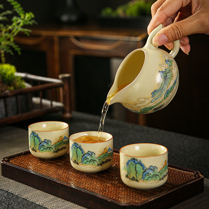 Set de ceai Kung Fu din porțelan Ru kiln Moon White, cu Tea Sea, ceașcă Gong Dao, accesorii ceramice pentru ceai, model cu crăpături de gheață și aripă de cicadă