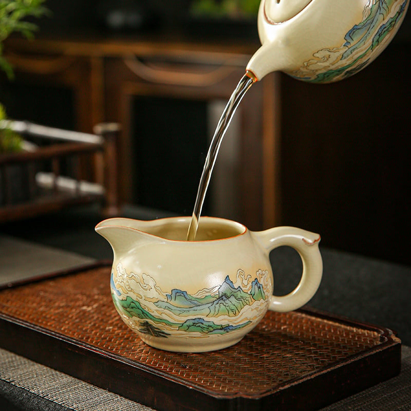 Set de ceai Kung Fu din porțelan Ru kiln Moon White, cu Tea Sea, ceașcă Gong Dao, accesorii ceramice pentru ceai, model cu crăpături de gheață și aripă de cicadă