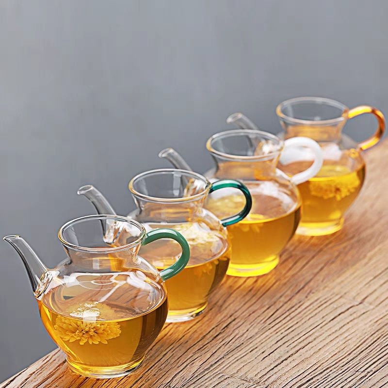 Set de ceai din sticlă rezistentă la temperatură, cu ceainic verde transparent în stil Song, filtru de ceai și rezervor de ceai, design minimalist