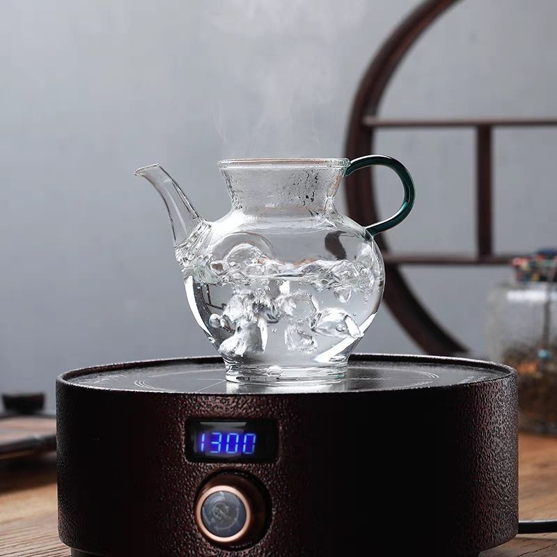 Set de ceai din sticlă rezistentă la temperatură, cu ceainic verde transparent în stil Song, filtru de ceai și rezervor de ceai, design minimalist