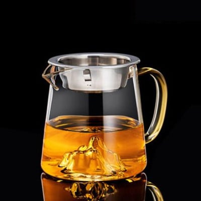 Căniță de ceai cu mâner pentru birou, cu vedere la munți, din sticlă borosilicată înaltă, vas unic cu drenaj de ceai