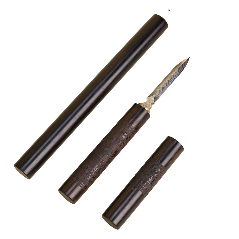 Cuțit de ceai din santal mov și ac pentru ceremonia ceaiului, cuțit Pu'er din oțel cu model Damascus, instrument de deschidere a blocurilor de ceai, accesorii pentru ceai