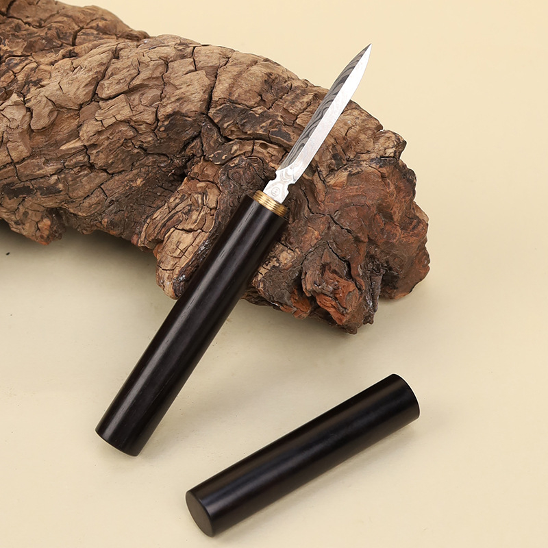 Cuțit de ceai din santal mov și ac pentru ceremonia ceaiului, cuțit Pu'er din oțel cu model Damascus, instrument de deschidere a blocurilor de ceai, accesorii pentru ceai