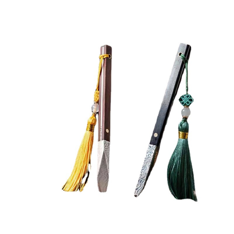 Cuțit de ceai și ac de ceai, lucrate manual în stil Zen, din lemn de abanos și oțel damascat – pentru ceai Pu'er – accesorii pentru ceremonia ceaiului