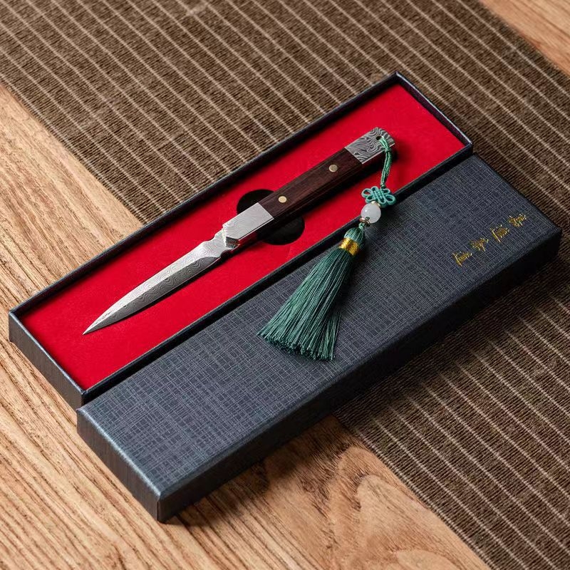 Cuțit de ceai și ac de ceai, lucrate manual în stil Zen, din lemn de abanos și oțel damascat – pentru ceai Pu'er – accesorii pentru ceremonia ceaiului