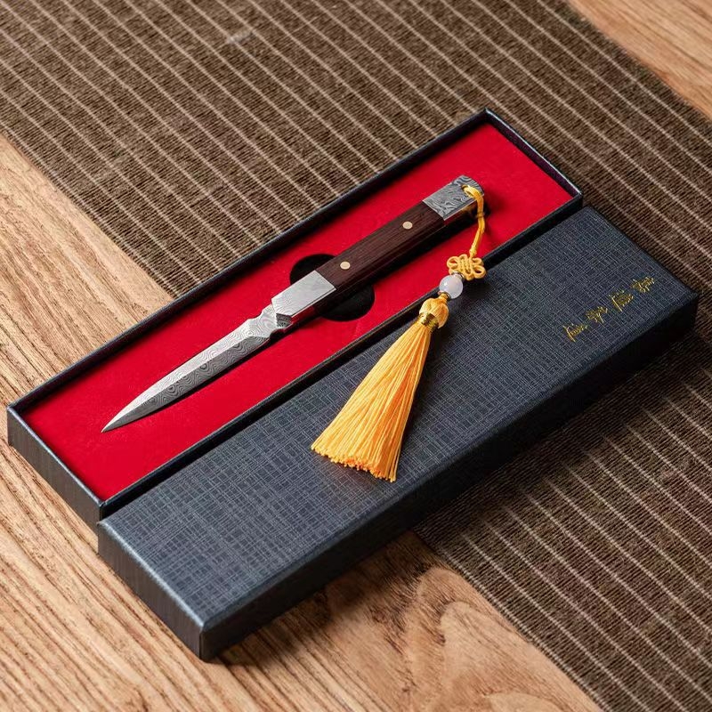 Cuțit de ceai și ac de ceai, lucrate manual în stil Zen, din lemn de abanos și oțel damascat – pentru ceai Pu'er – accesorii pentru ceremonia ceaiului