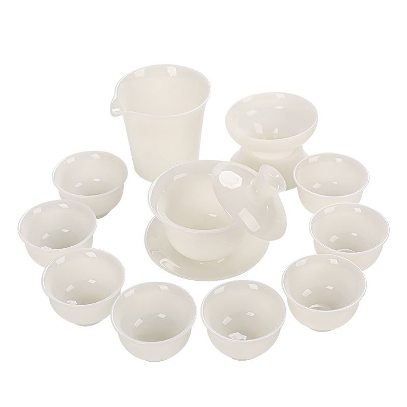 Dehua fehér porcelán teáskészlet háztartási használatra, háromrészes fedeles tál és teáscsészek, modern minimalista stílus, ajándék