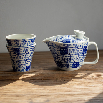 Set ceramic de ceai cu ceainic, cești și cană de cafea cu filtru – Design drăguț cu pisică