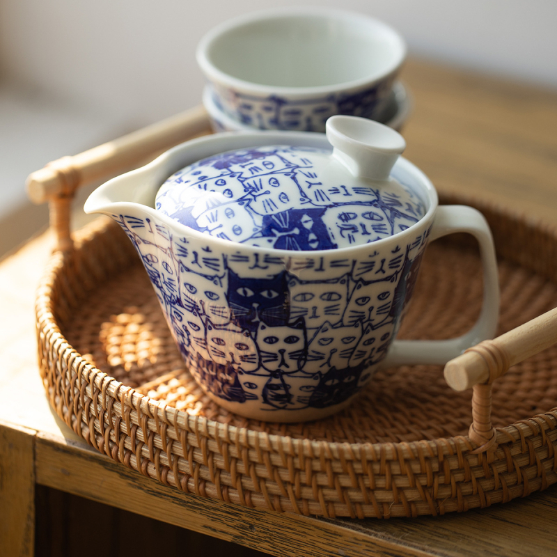 Set ceramic de ceai cu ceainic, cești și cană de cafea cu filtru – Design drăguț cu pisică