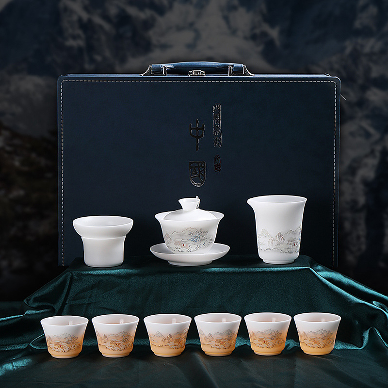 Set de ceai Kung Fu din porțelan alb Dehua, cu ceainic – pentru uz casnic și comercial