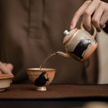 Ceainic japonez în stil Shino cu pisică norocoasă, capacitate mare, filtru ceramic, finisaj argintiu pictat manual, un singur vas, set de ceai Kung Fu pentru uz casnic