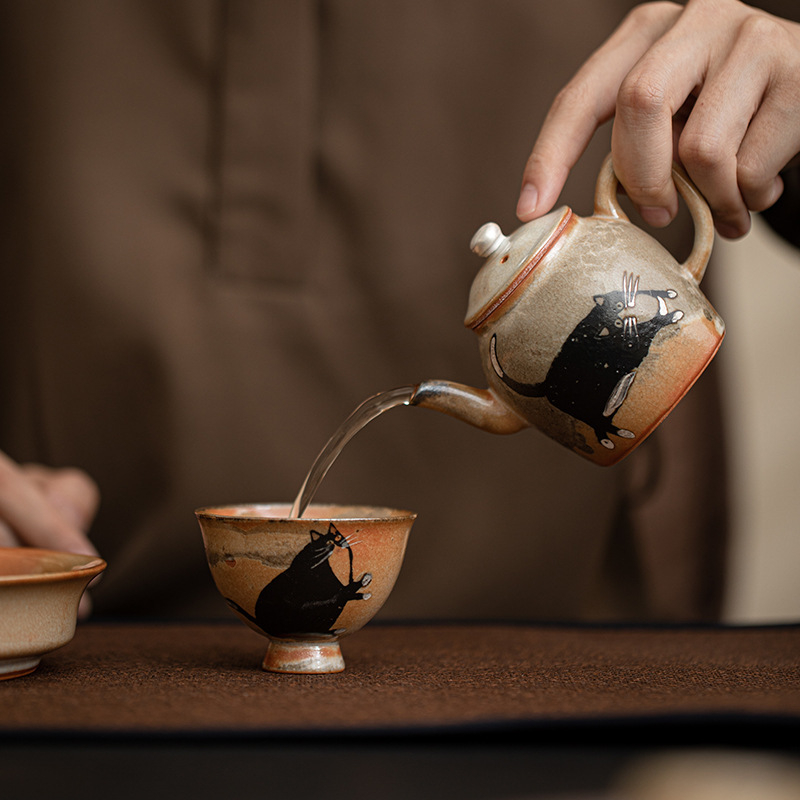 Ceainic japonez în stil Shino cu pisică norocoasă, capacitate mare, filtru ceramic, finisaj argintiu pictat manual, un singur vas, set de ceai Kung Fu pentru uz casnic