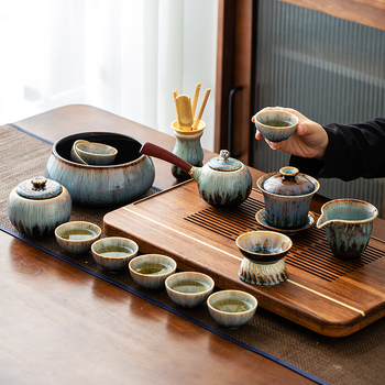 Set de ceai Kung Fu cu ceainic cu mâner lateral și cești, ceramică, glazură Tianmu, pentru servire acasă și la birou