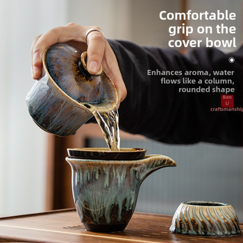 Set de ceai Kung Fu cu ceainic cu mâner lateral și cești, ceramică, glazură Tianmu, pentru servire acasă și la birou