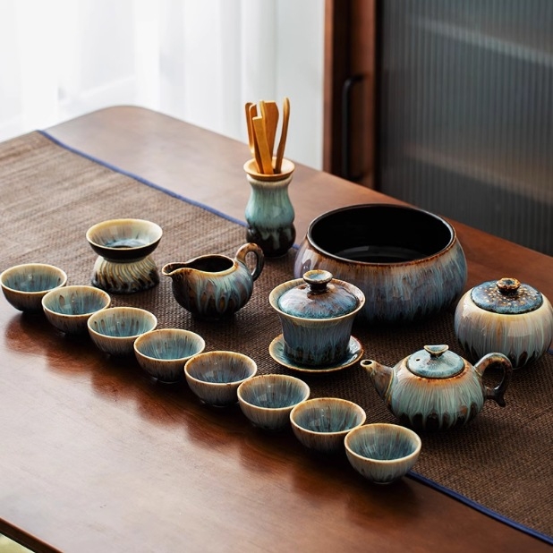 Set de ceai Kung Fu cu ceainic cu mâner lateral și cești, ceramică, glazură Tianmu, pentru servire acasă și la birou